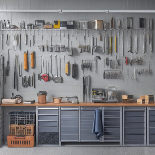 A clutter-free garage with a sleek, silver wall-mounted tool organiser featuring rows of neatly arranged wrenches, screwdrivers, and pliers, surrounded by a few well-placed hooks holding a hammer and a level.