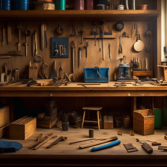 A well-organized woodshop with a workbench in the center, surrounded by labeled bins, a pegboard with hanging tools, and a clock on the wall, amidst a faint background of woodworking machinery.