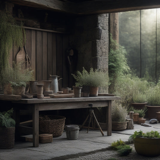 A serene, natural-lit workshop with rustic wooden workbenches, overflowing planters, and a majestic stone fireplace, surrounded by lush greenery and vintage gardening tools, with a hint of morning mist.