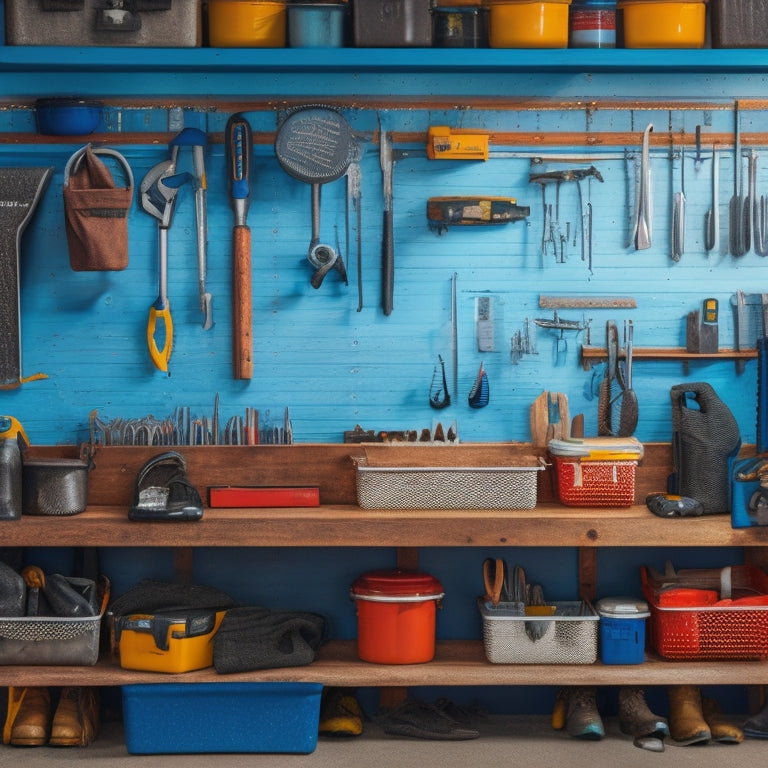 A tidy garage with a pegboard wall, hooks, and bins, featuring a range of tools like wrenches, pliers, and screwdrivers, organized by type and frequency of use, with a workbench in the center.