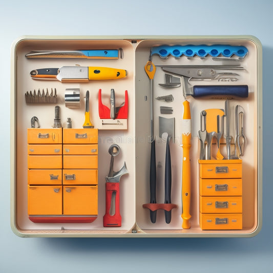 A neatly arranged small tool chest with miniature drawers, each containing a specific type of tool, such as pliers, screwdrivers, and wrenches, with dividers and labels, set against a clean, white background.