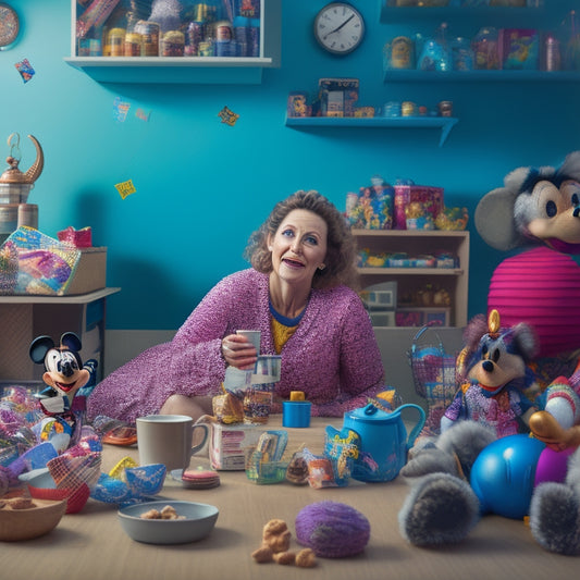 A whimsical illustration of a frazzled mom, surrounded by Disney-themed chaos, with Mickey Mouse ears askew, holding a coffee cup and standing amidst scattered toys, snacks, and souvenirs.