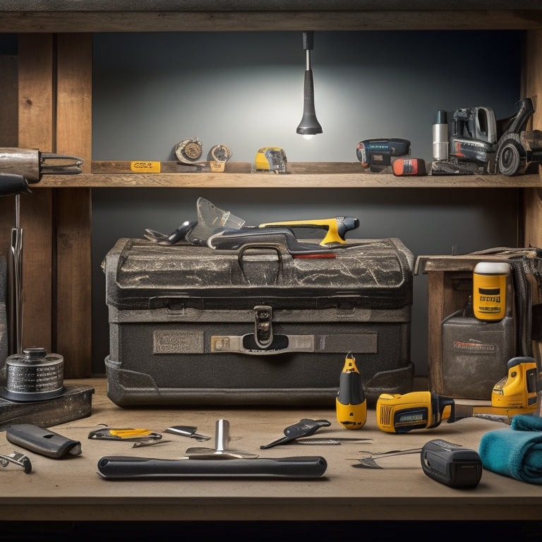 A clutter-free workshop background with a stainless steel portable tool box centered, surrounded by neatly arranged DIY tools, including a cordless drill, pliers, screwdrivers, and a tape measure.