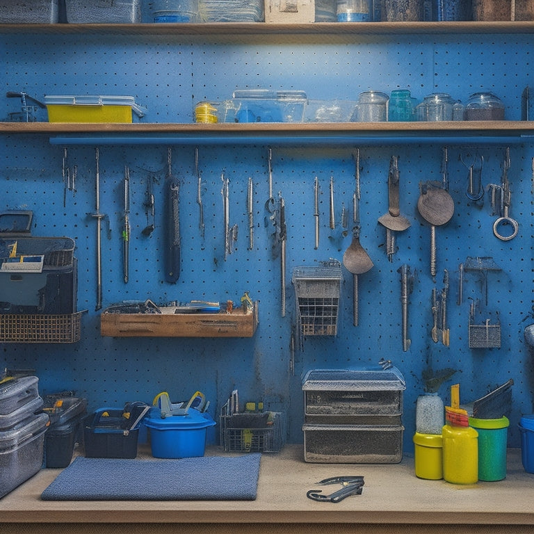 A tidy workshop with a pegboard on the wall, keys organized by type and color on hooks, a few labeled bins, and a toolbox in the corner, with a subtle hint of a wrench on the workbench.