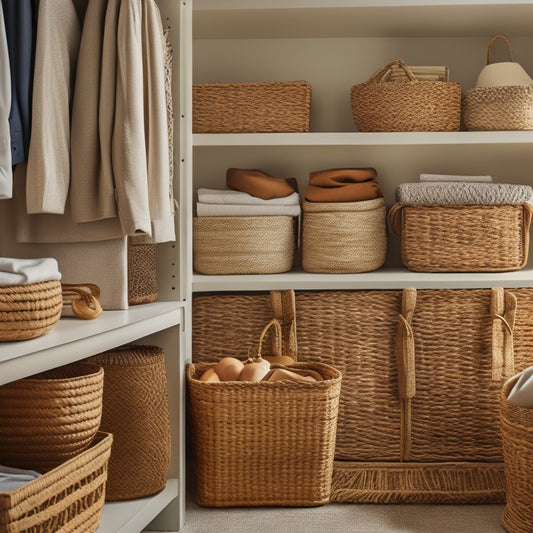 A neatly organized closet with woven wicker baskets in various sizes, filled with folded clothes, books, and decorative items, against a soft, creamy background with warm, natural lighting.