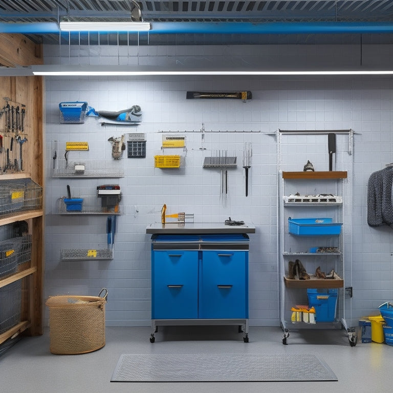 A well-lit, clutter-free garage workshop with a freshly installed pegboard, adorned with a mix of metal and plastic bins, hooks, and tools, against a clean, light-gray background.