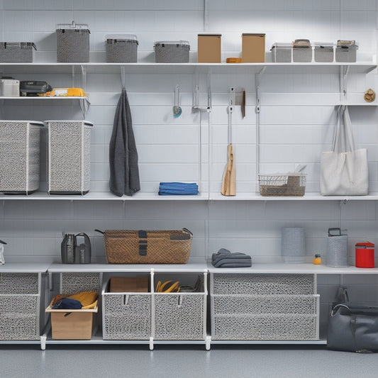 A tidy garage with sleek, gray storage baskets of varying sizes, filled with organized tools and accessories, on shelves and hooks, against a clean, white background.