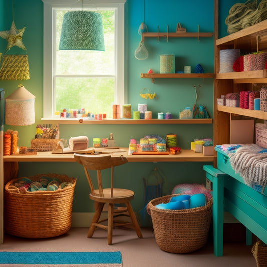 A serene, well-lit craft room with a tidy sewing station, baskets of yarn and thread, and a pegboard with organized tools, set against a calming, soft-colored background.