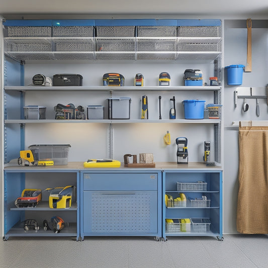 A clean and organized garage interior with three distinct tool storage systems: a pegboard with hooks and bins, a modular cabinet with sliding drawers, and a wall-mounted foldable workbench.