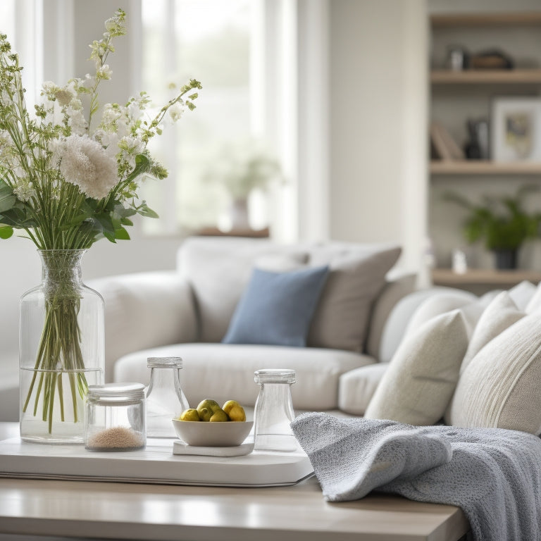 A bright and airy living room with a few strategically placed cleaning supplies, a vase with fresh flowers, and a few neatly organized decorative items on a minimalist shelf.