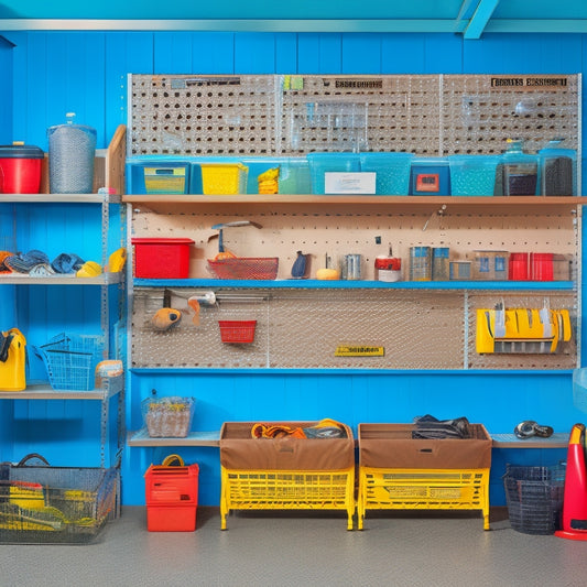 A clutter-free garage with a pegboard on the wall holding various tools, a slatwall with baskets and bins, and a custom shelving unit with labeled storage containers and a rolling cart.