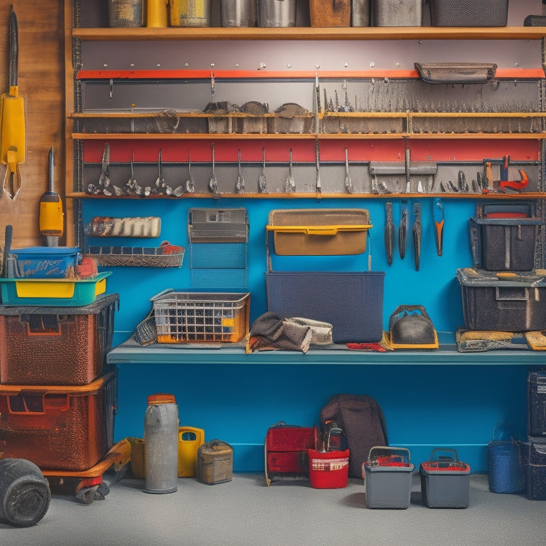 A tidy tool closet with a pegboard on the back wall, holding organized rows of wrenches, pliers, and screwdrivers, alongside stacked plastic bins and a rolling toolbox on the floor.