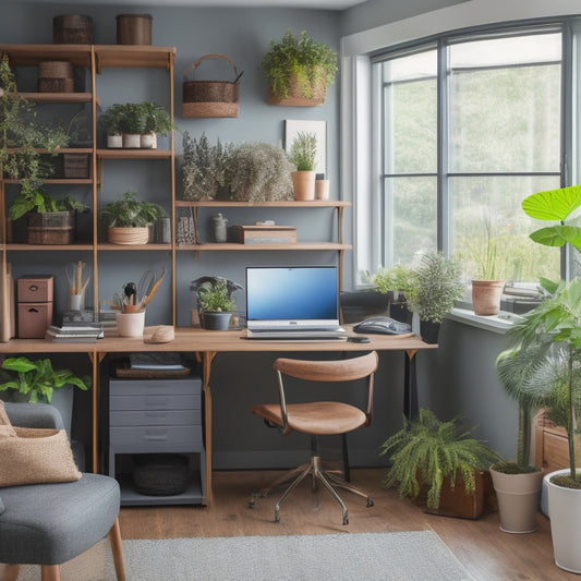 A clutter-free home office with a sleek, ergonomic multi-functional workbench in the center, surrounded by organized storage bins, a laptop, and a few potted plants on a nearby shelf.