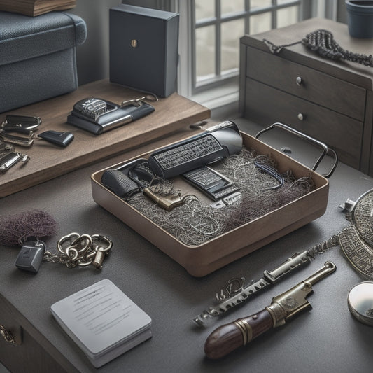 A cluttered office desk with scattered keys, tangled chains, and a few lost in a messy drawer, contrasted with a sleek, modern key storage box with neatly organized keys and a digital lock.