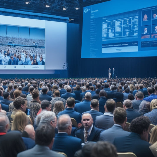 A crowded conference hall with a large, sleek screen displaying a brain scan, surrounded by diverse professionals taking notes, with a subtle background of athletic equipment and medals.