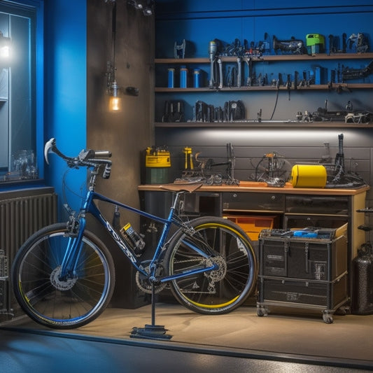 A well-lit, organized bicycle repair workstation with a sleek, carbon fiber bike on a hydraulic stand, surrounded by premium tools, including a torque wrench, Allen set, and metal toolbox.