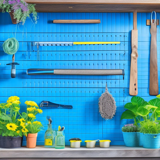 A colorful, organized pegboard in a gardening shed, with various tools and accessories hung neatly, surrounded by lush greenery and a few blooming flowers, with a warm, natural light.