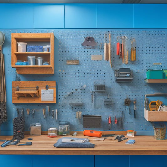 A clutter-free workshop with a pegboard adorned with neatly organized tools, a labeled storage bin, and a small key holder on the wall, surrounded by a few DIY projects in progress.