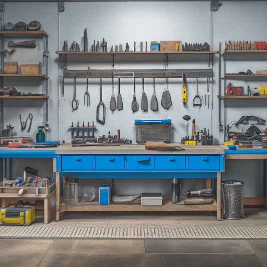 A well-organized workshop with a central workbench, surrounded by three-tiered storage shelves holding an array of tools, including wrenches, pliers, screwdrivers, and hammers, against a clean, gray concrete background.