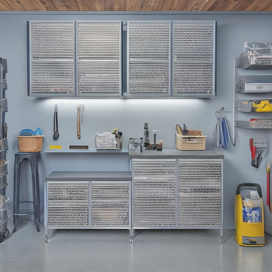A well-organized garage with polished concrete floors, featuring a pegboard with neatly hung tools, a sleek workstation with a vice, and a row of matching, labeled storage bins on a slatted shelving unit.