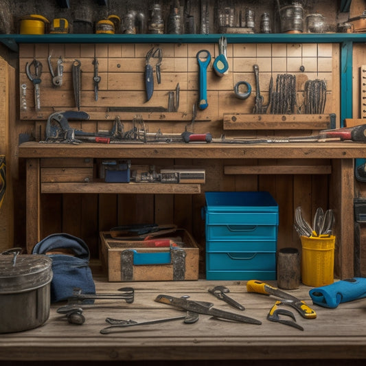 A clutter-free tool box with neatly arranged wrenches, screwdrivers, and pliers on a pegboard, surrounded by a tidy workshop with a wooden workbench and a few scattered projects in progress.