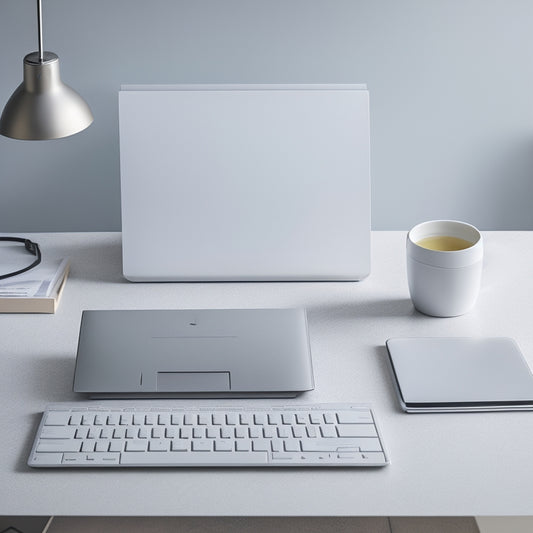 A minimalist workspace with a sleek, silver laptop, a tidy desk organizer, and a few, strategically-placed sticky notes, set against a clean, light-gray background with subtle, gradient shadows.