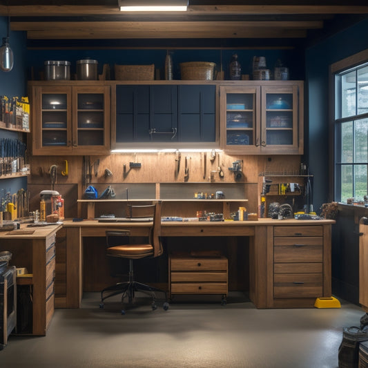 A well-lit, modern workshop with a central workstation featuring a sturdy, wooden table with built-in shelving and cabinets, surrounded by organized tool chests and a pegboard on the wall.