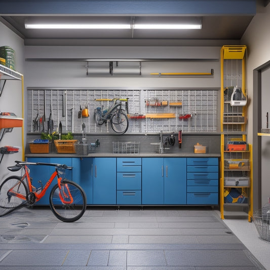 A well-lit, modern garage with a sleek, stainless steel workbench, wall-mounted bike racks, and a slotted pegboard, surrounded by neatly organized bins, baskets, and tool holders in a harmonious color scheme.