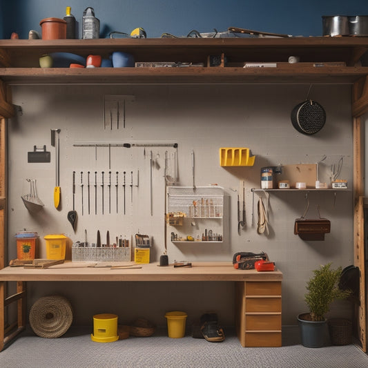 A brightly lit, minimalist workshop with a large, wall-mounted pegboard at its center, adorned with neatly organized tools, bins, and accessories in a harmonious balance of form and function.