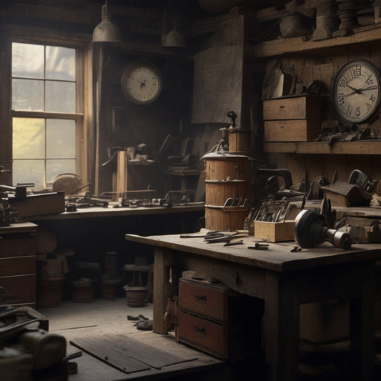 A cluttered woodworking shop with scattered tools, half-finished projects, and a clock in the background with hands stuck at 3 o'clock, surrounded by cobwebs and dust.