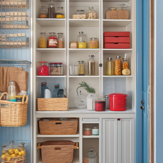 A bright and organized pantry with a pegboard on the back of a door, holding baskets, jars, and utensils, surrounded by neat shelves and a few decorative kitchen items.