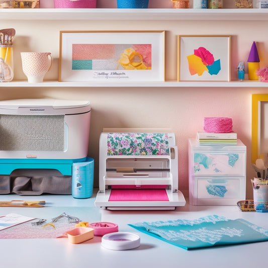 A colorful, clutter-free workspace featuring a Cricut machine surrounded by neatly organized tools, papers, and materials, with a few intricately cut designs and shapes in the background.