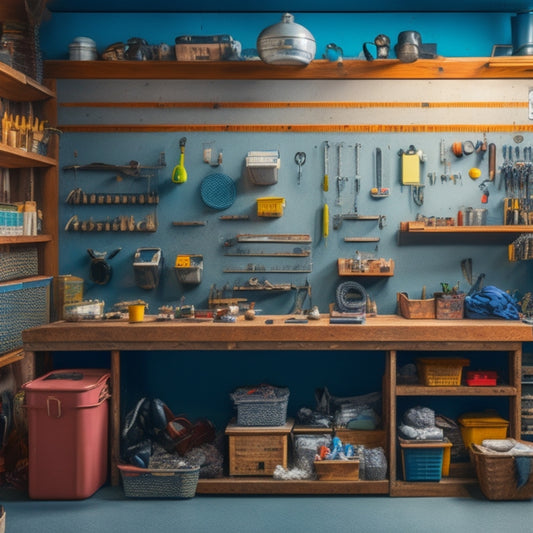 A tidy workshop with a large pegboard on the wall, adorned with hooks, bins, and baskets, holding various tools and accessories, surrounded by a few well-organized workstations.