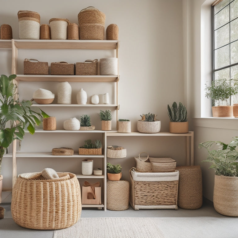 A serene, minimalist room with a mix of woven baskets, wooden crates, and fabric storage bins in natural colors, organized neatly on shelves and under furniture, amidst a few potted plants.