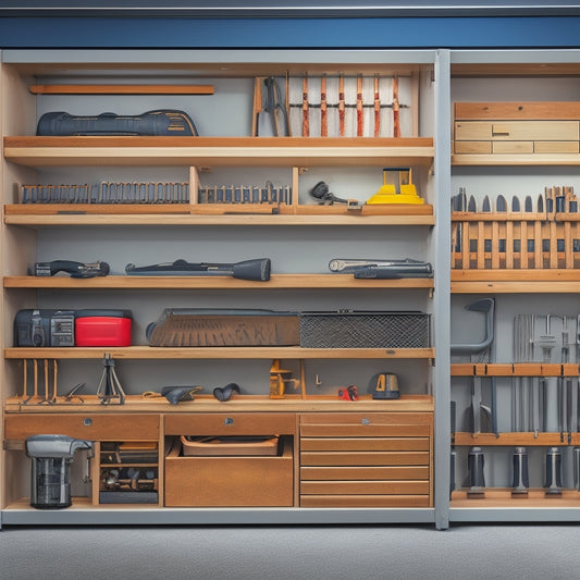 A well-organized tool cabinet with open doors, revealing neatly arranged rows of hand tools, power tools, and accessories, set against a clean, gray background with subtle shadows and soft lighting.