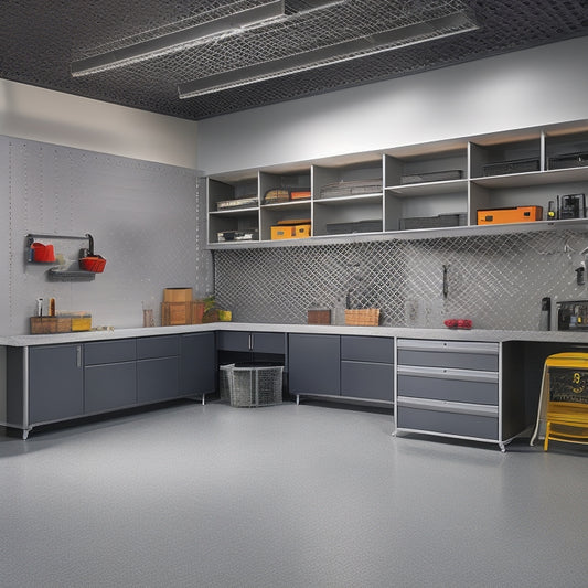 A well-lit, clutter-free garage with a sleek, grey epoxy-coated floor, featuring a pegboard with neatly arranged tools, a slatwall with bins and baskets, and a custom workstation with a stainless steel countertop.