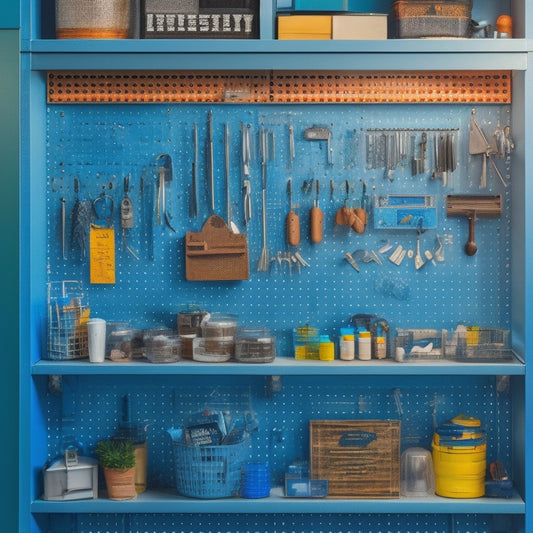 A clutter-free workshop with a pegboard, tools organized on hooks, and a wall-mounted key storage cabinet with transparent doors, filled with labeled key rings and hooks.