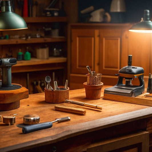 A close-up shot of a woodworking workbench with a drill press in the background, a precise dog hole pattern marked on a wooden board, and a set of drill bits and measuring tools scattered around.