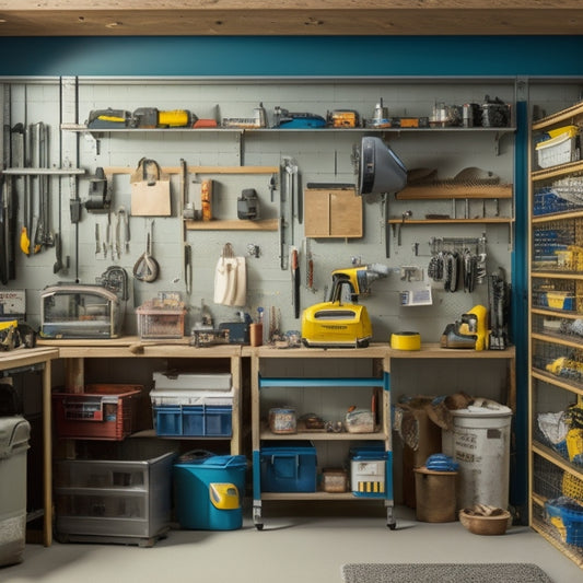 A cluttered garage transforms into an organized haven, with a pegboard adorned with hanging power tools, a workstation with a miter saw, and a shelving unit storing labeled bins and crates.