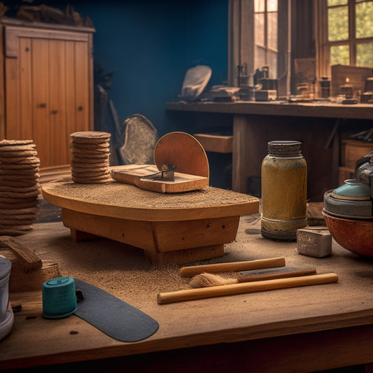 A wooden workshop table cluttered with various sanding tools, a half-sanded wooden plank with swirl marks, and a dust mask hanging from a peg, surrounded by wood shavings and dust particles.