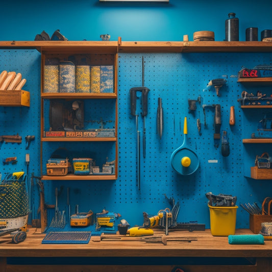 A tidy workshop with a pegboard featuring neatly arranged foam tool organizers in various shapes and sizes, each holding a specific tool, with a few tools resting on a nearby workbench.