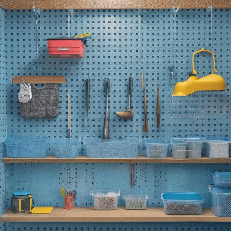 A well-organized pegboard with various tools and accessories hanging from hooks, bins, and baskets, against a clean and bright workshop background with a subtle grid pattern.