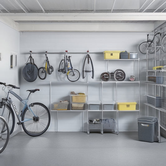 A well-organized garage with a sleek, silver metal shelving unit, holding neatly stacked storage bins, bicycles, and tools, against a clean, gray concrete background with a few subtle shadows.