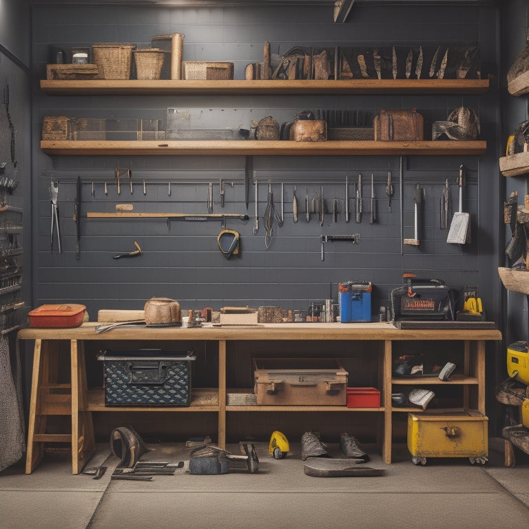 A clutter-free garage with a pegboard on the wall, holding various tools such as a hammer, screwdrivers, and pliers, alongside a toolbox with a sliding drawer and a workbench with a vice.