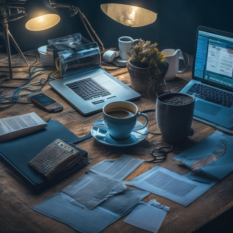 A cluttered digital workspace with multiple tabs open on a laptop, tangled cords, and a cracked smartphone screen, surrounded by crumpled papers and empty coffee cups, amidst a dark and moody background.