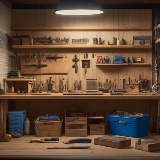 A tidy workshop with a pegboard displaying neatly arranged hand tools, a labeled tool chest, and a shelf with stacked plastic bins, all set against a clean and well-lit wooden backdrop.