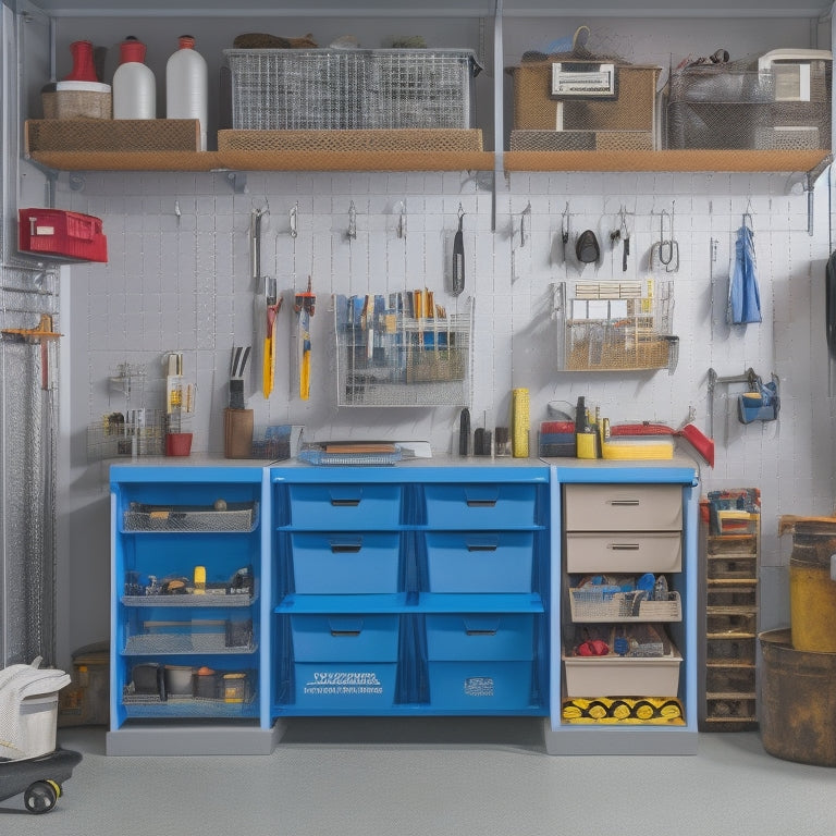 A clutter-free garage with a pegboard covered in hanging tools, a rolling cabinet with labeled drawers, and a slotted wall with bins and baskets, surrounded by a well-organized workspace.