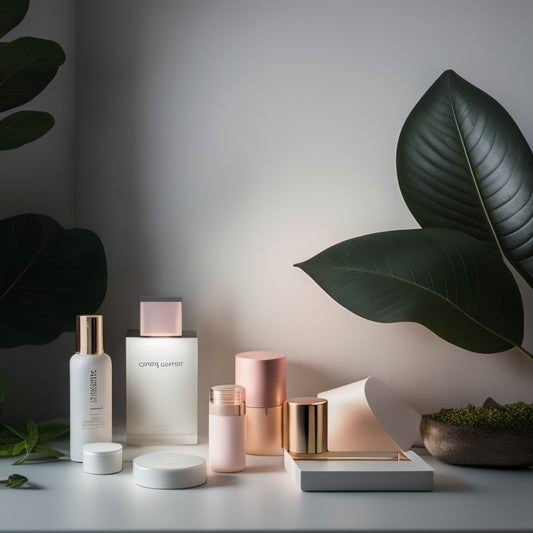 A modern, sleek, and minimalist beauty counter with neatly arranged cosmetics and skincare products, surrounded by lush greenery, with a subtle glow of soft pink and white LED lights.