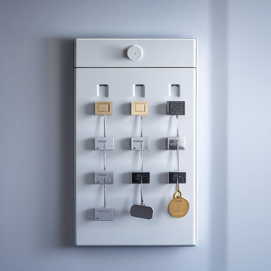 A minimalist, modern key organizer with multiple steel hooks of varying sizes, mounted on a sleek, silver wall plate, against a clean, white background.