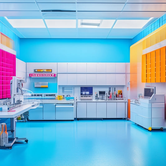 A futuristic laboratory setting with sleek white surfaces, featuring a large vinyl cutting machine in the center, surrounded by rolls of colorful vinyl, and innovative design prototypes on nearby workstations.